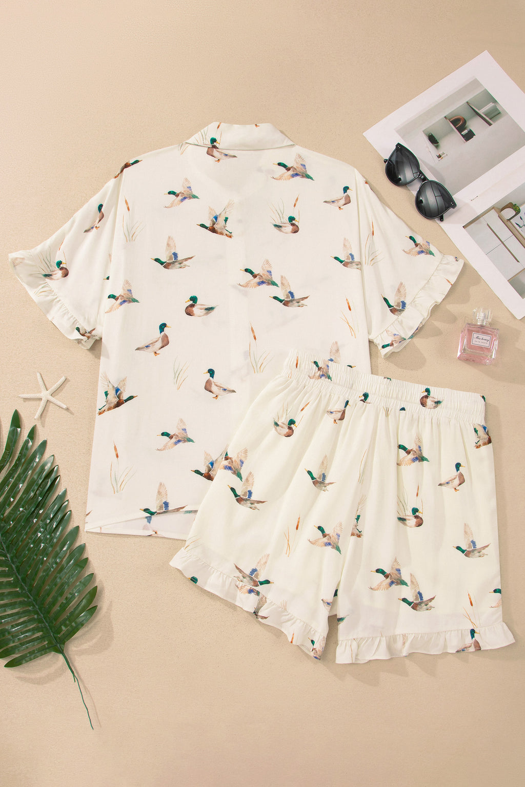 Hazel Blues® |  Beige Mallard Print Shirt Style Short Two Piece Set