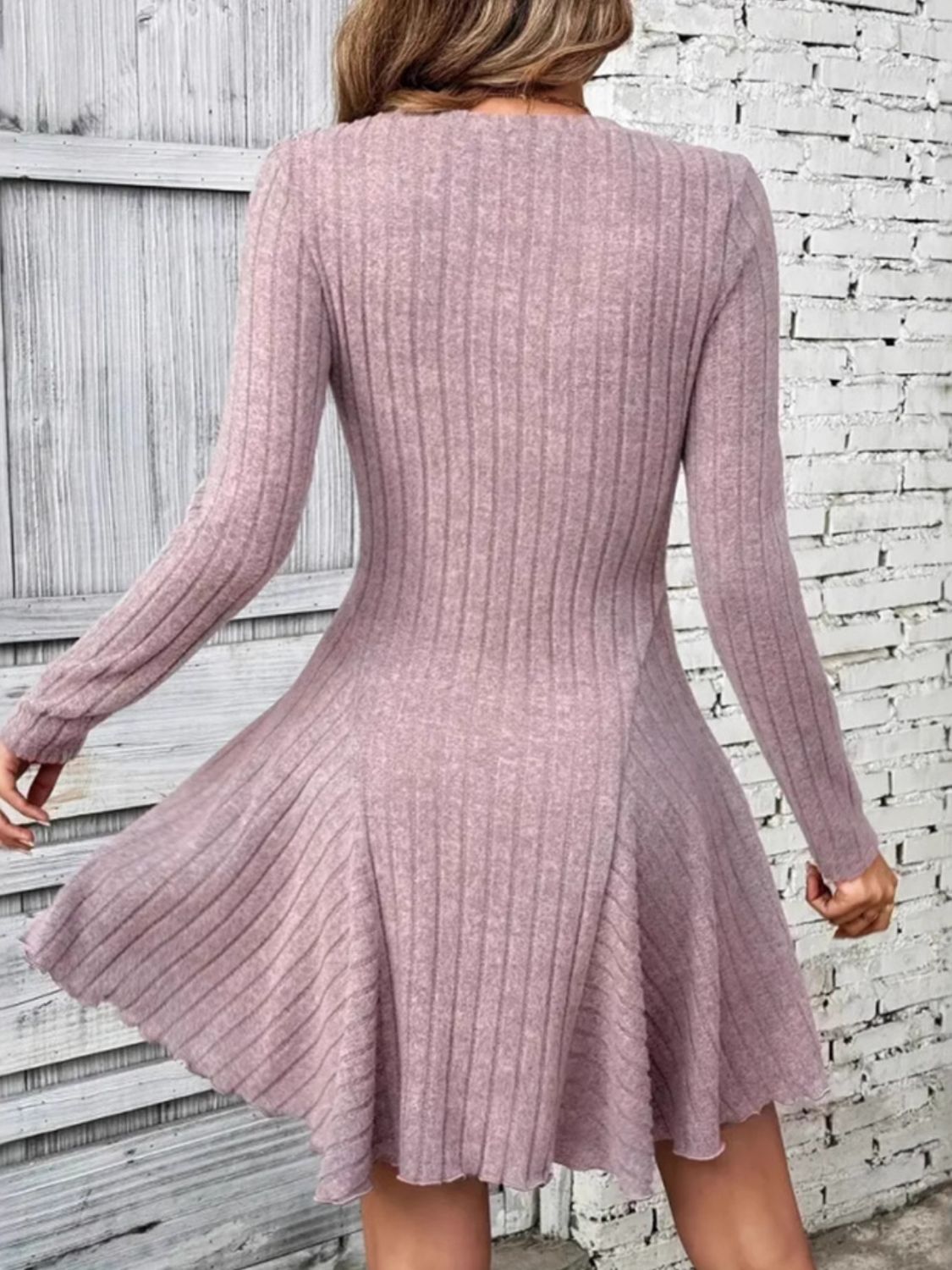 Hazel Blues® |  Ribbed Round Neck Long Sleeve Mini Dress