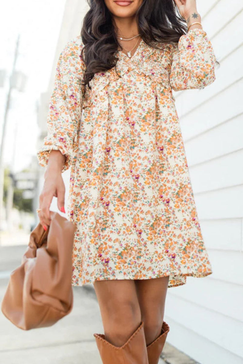 Hazel Blues® |  Printed V-Neck Balloon Sleeve Mini Dress