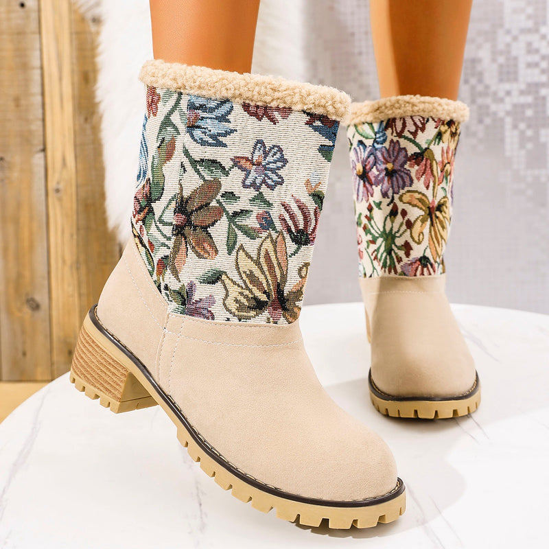 Hazel Blues® |  Embroidered Faux Fur Block Heel Boots