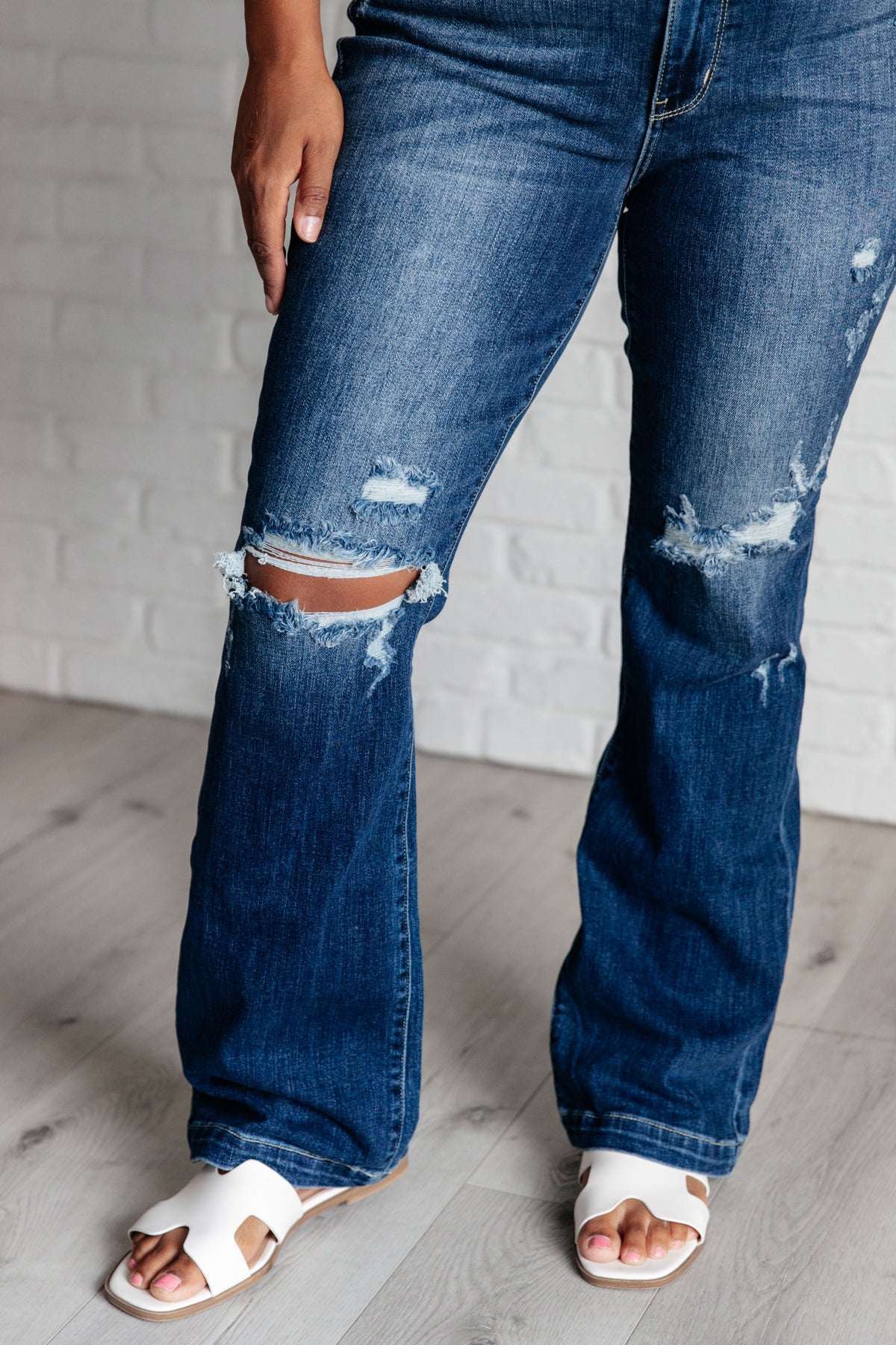 Hazel Blues® |  Mila Mid Rise Distressed Bootcut Jeans