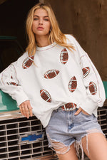 Hazel Blues® |  White Sequin Football Pattern Exposed Seam Game Day Sweatshirt