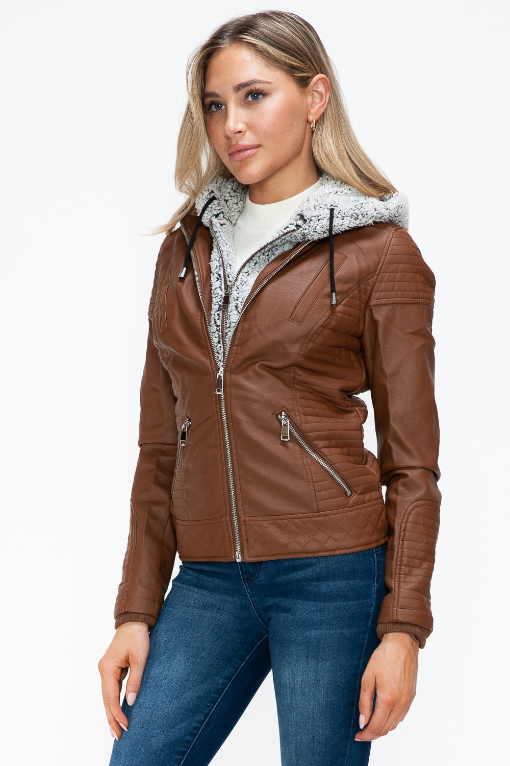 Hazel Blues® |  YMI Faux Layered Double-Zipper Jacket with Fuzzy Hood