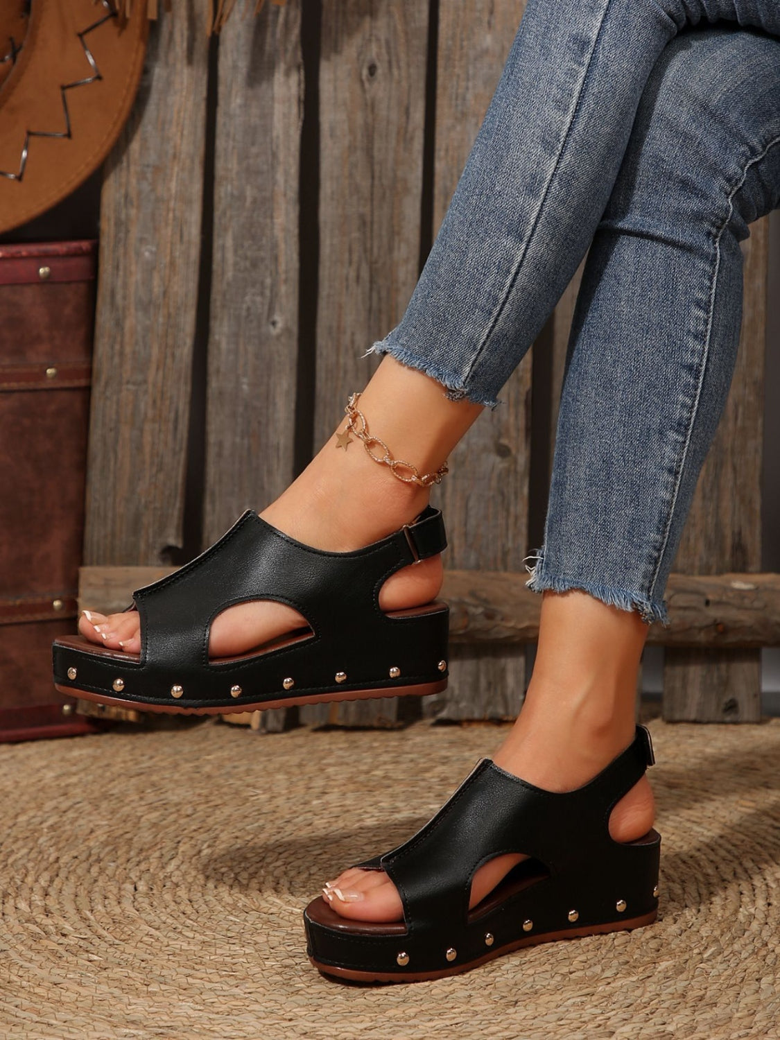 Hazel Blues® |  PU Leather Studded Wedge Sandals