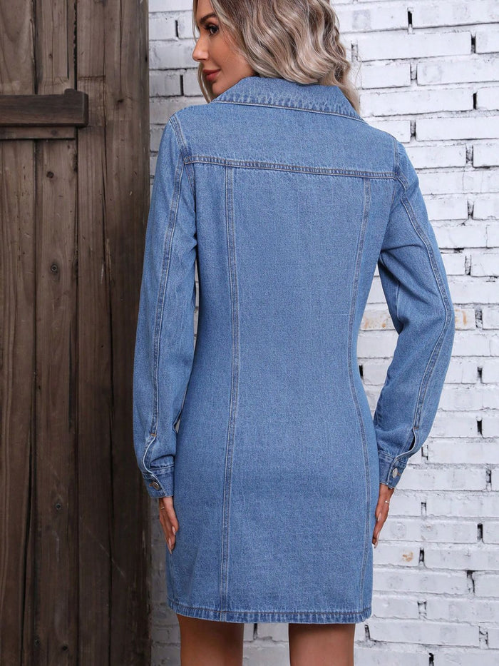 Hazel Blues® |  Ruched Button Up Long Sleeve Denim Dress