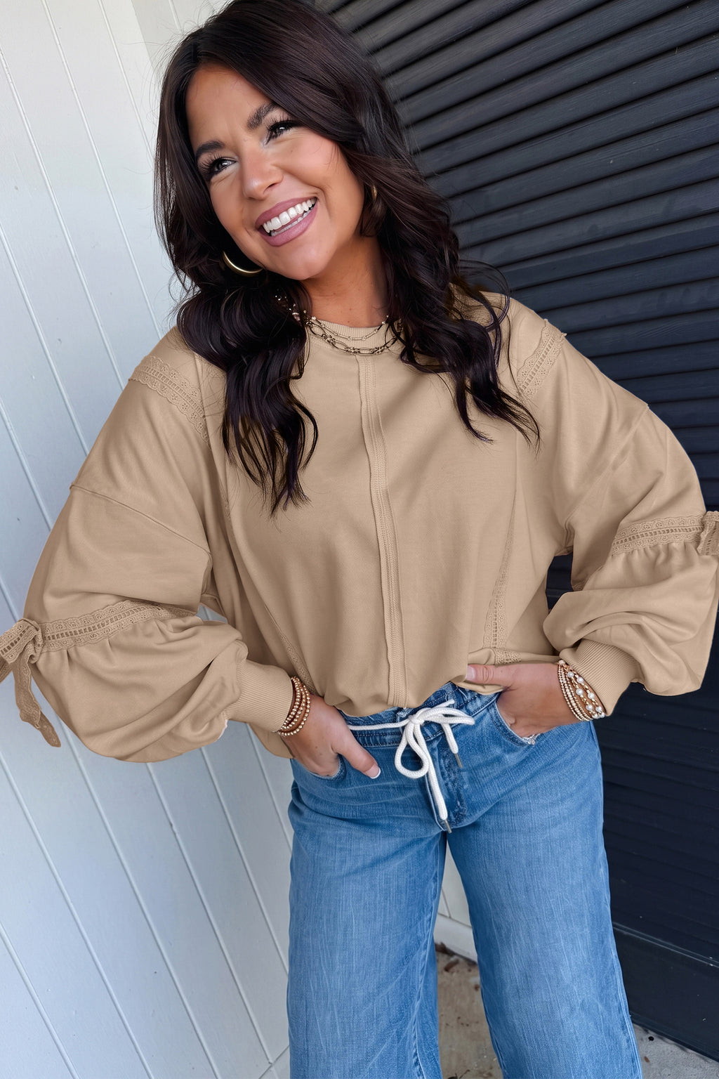 Maeve Wren Taupe Raw-Seam Lace Sweatshirt