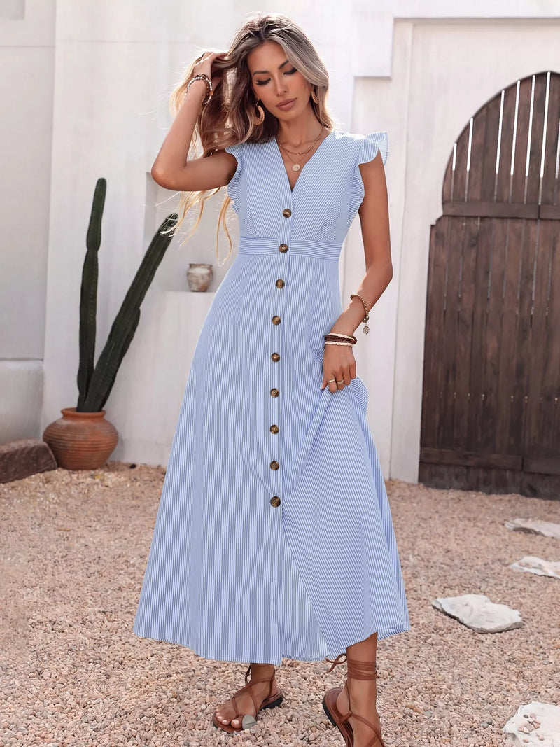 Hazel Blues | Ruffle Sleeve Button Front Midi Dress
