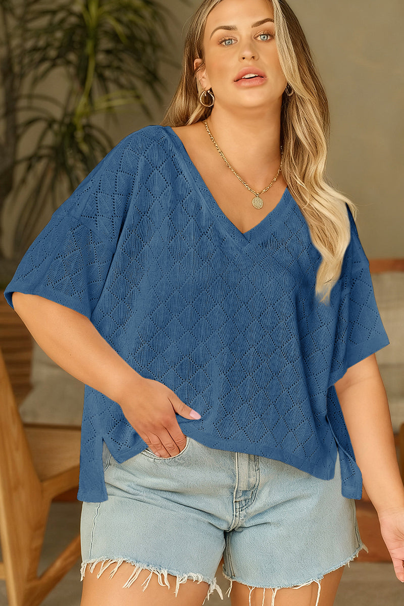 Pointelle Rhombus Knit V-Neck Loose Top | V-Neck Top – Hazel Blues®