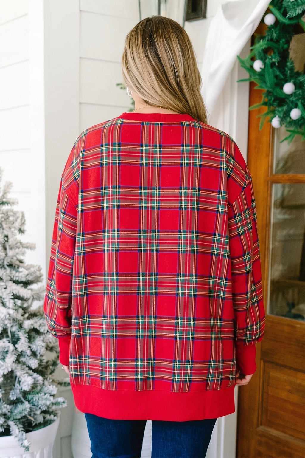 Red Christmas Plaid Split-Hem Tunic Sweatshirt