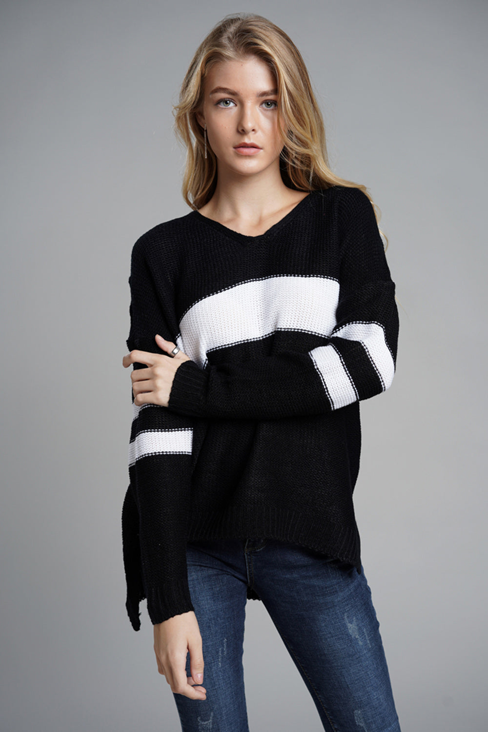 Hazel Blues® |  Slit Contrast V-Neck Long Sleeve Sweater