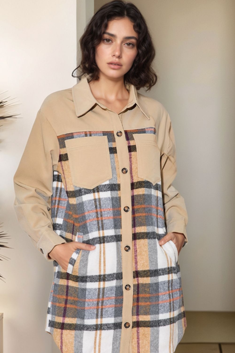 Hazel Blues® |  Pocketed Plaid Long Sleeve Mini Shirt Dress