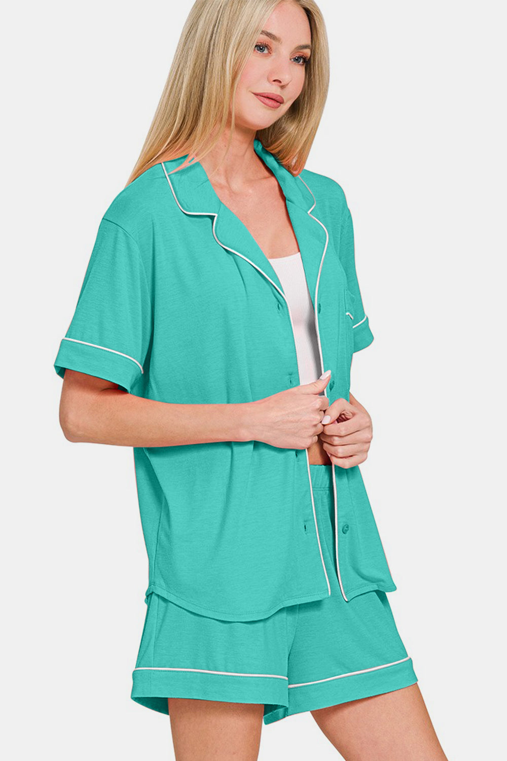 Hazel Blues® |  Zenana Button Down Short Sleeve Top and Shorts Lounge Set