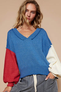 Hazel Blues® |  POL Exposed Seam Contrast V-Neck Lantern Sleeve Sweater