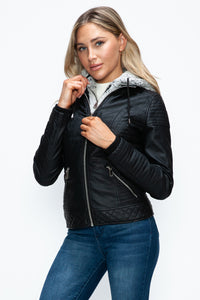 Hazel Blues® |  YMI Faux Layered Double-Zipper Jacket with Fuzzy Hood