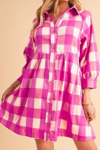 Hazel Blues® |  Ruched Plaid Three-Quarter Sleeve Shirt Dress