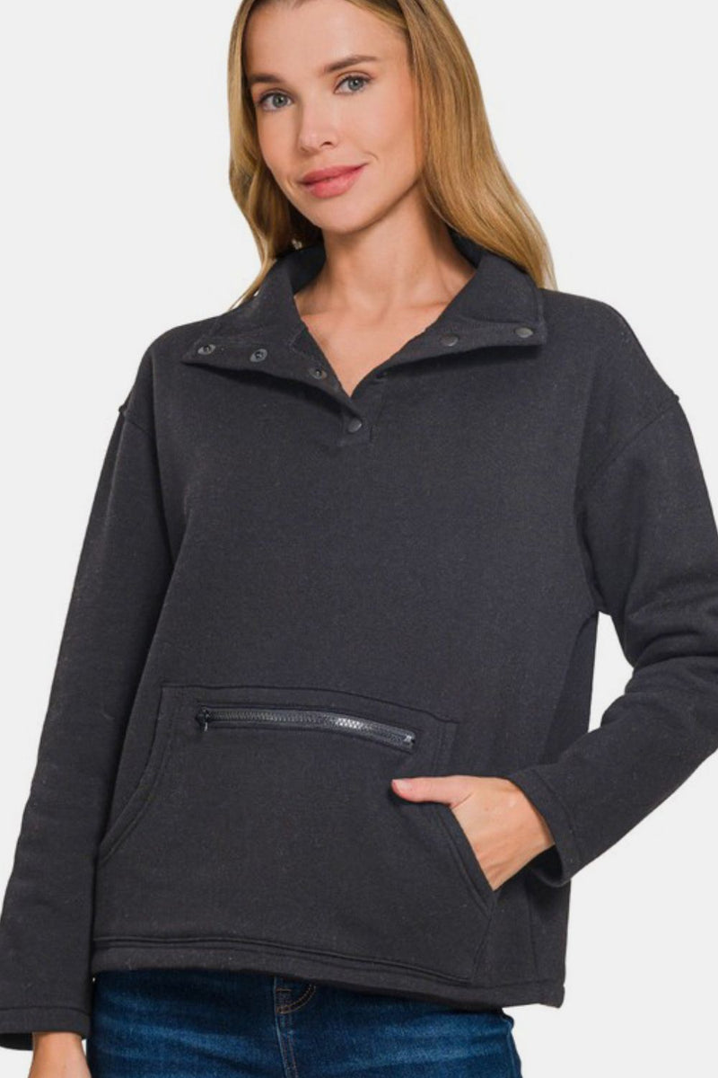 Hazel Blues® |  Zenana Turtleneck Half Snap Fleece Sweatshirt