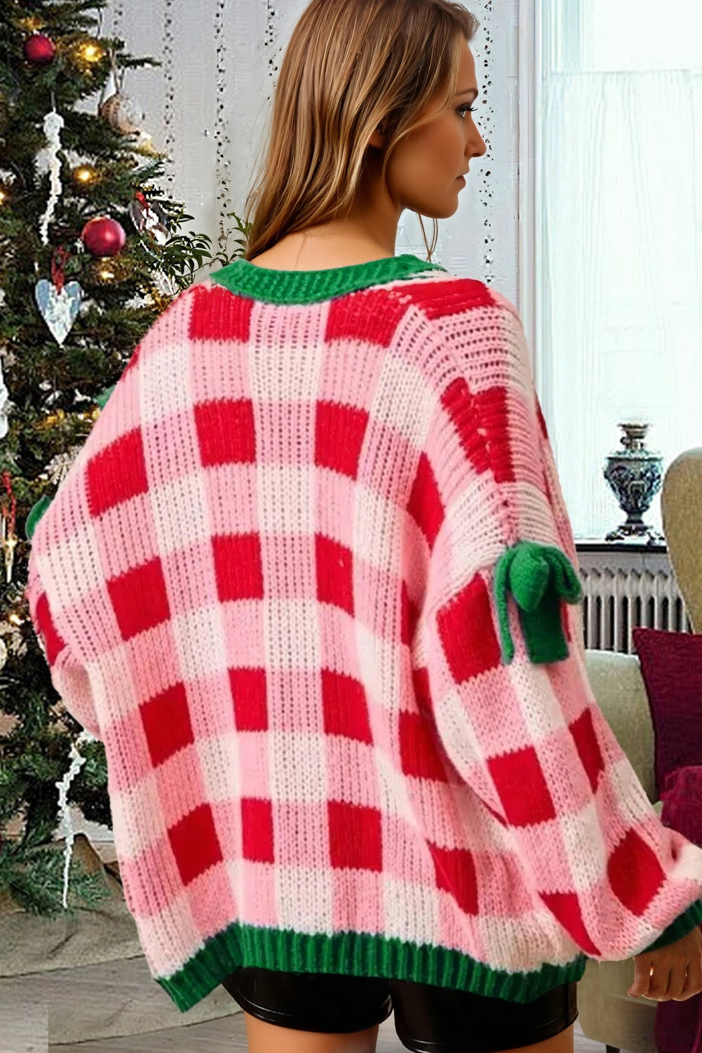 Pink Plaid Knit Bow Knot Decor Open-Front Sweater Cardigan