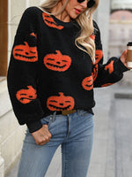 Hazel Blues® |  Fuzzy Pumpkin Round Neck Dropped Shoulder Sweater
