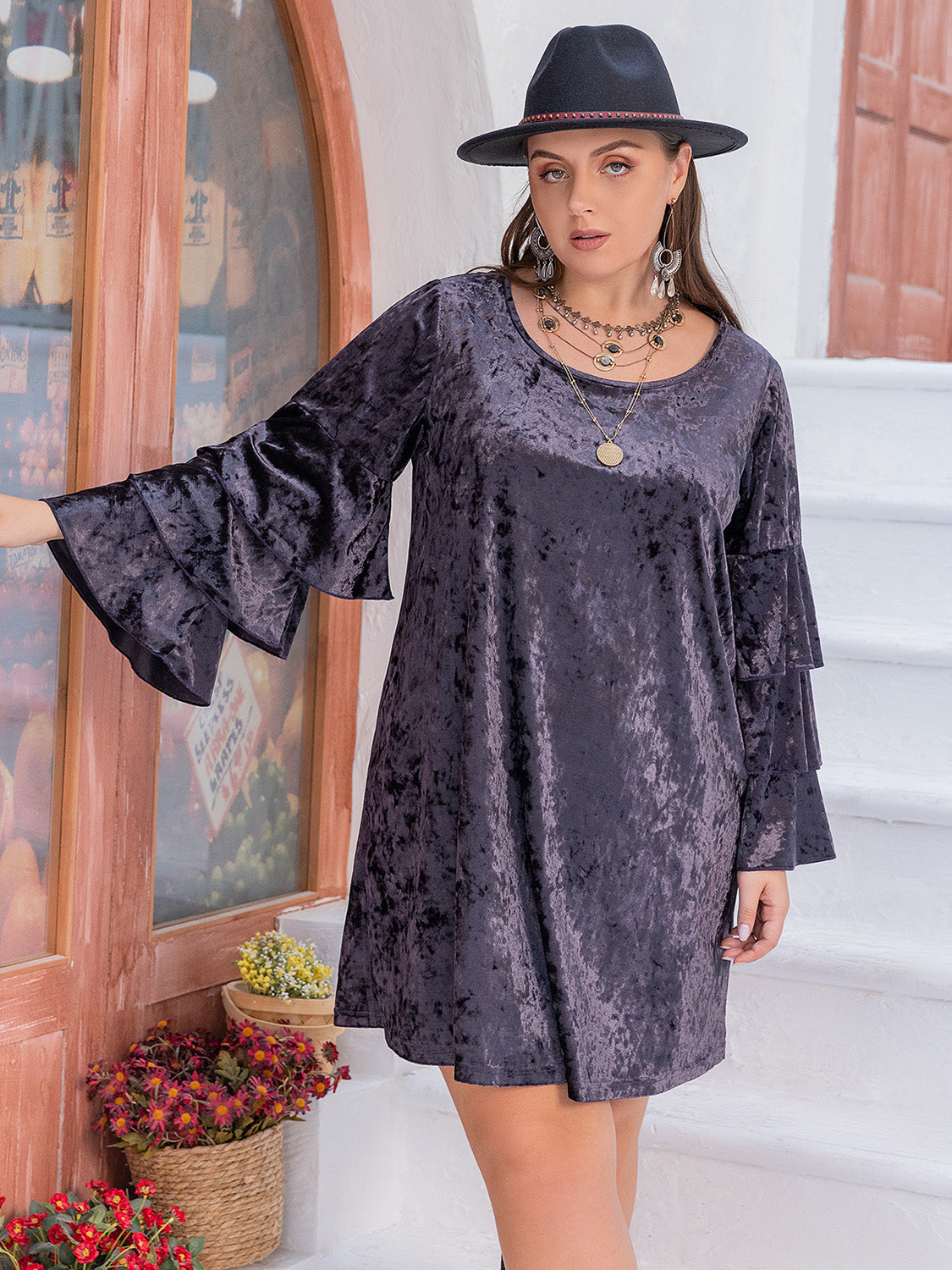 Hazel Blues® |  Round Neck Flounce Sleeve Mini Dress