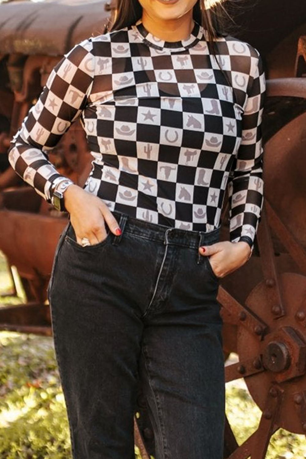 Hazel Blues® |  Checkered Mock Neck Long Sleeve Top