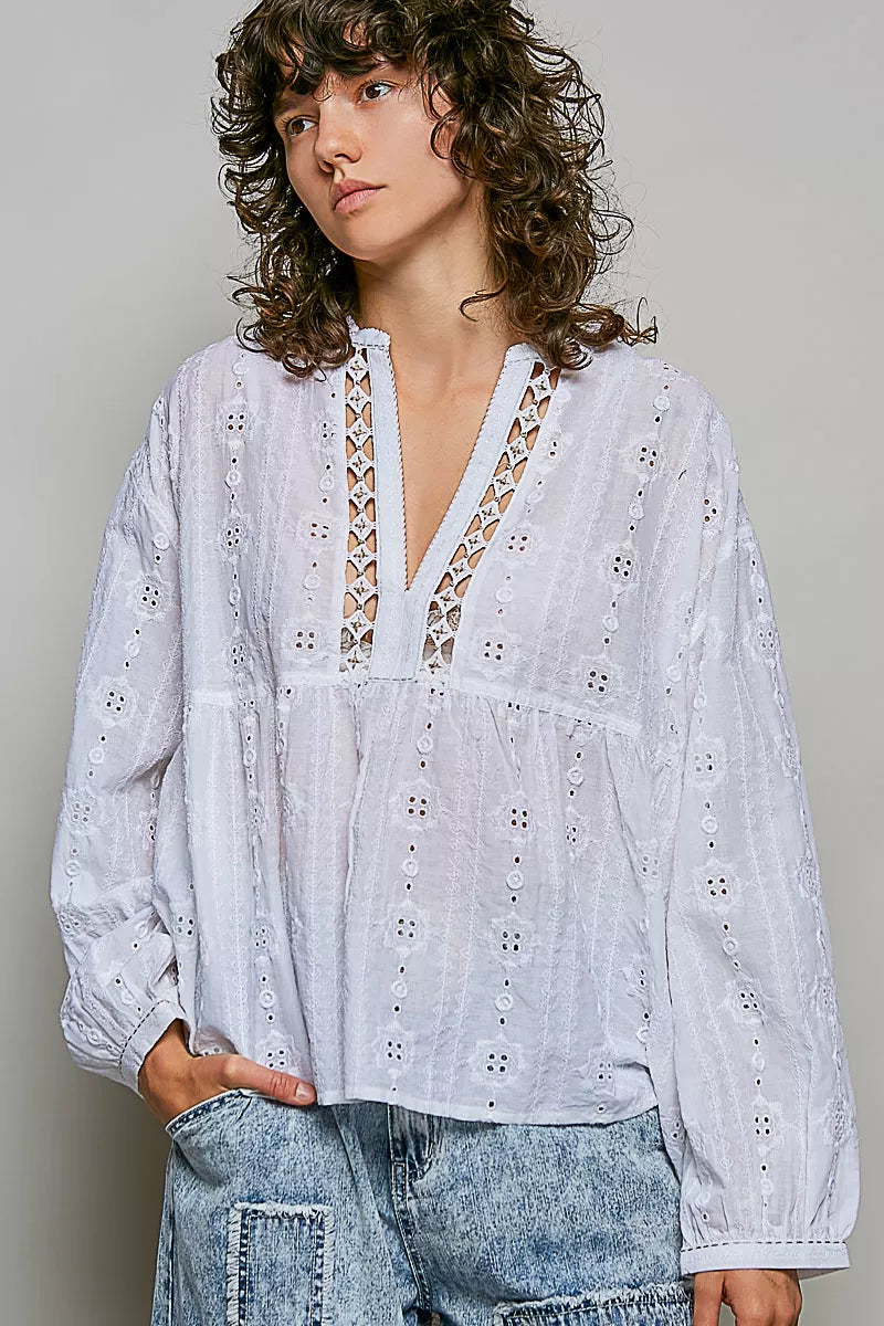 POL Lace Eyelet Long Sleeve Cotton Blouse – Hazel Blues®