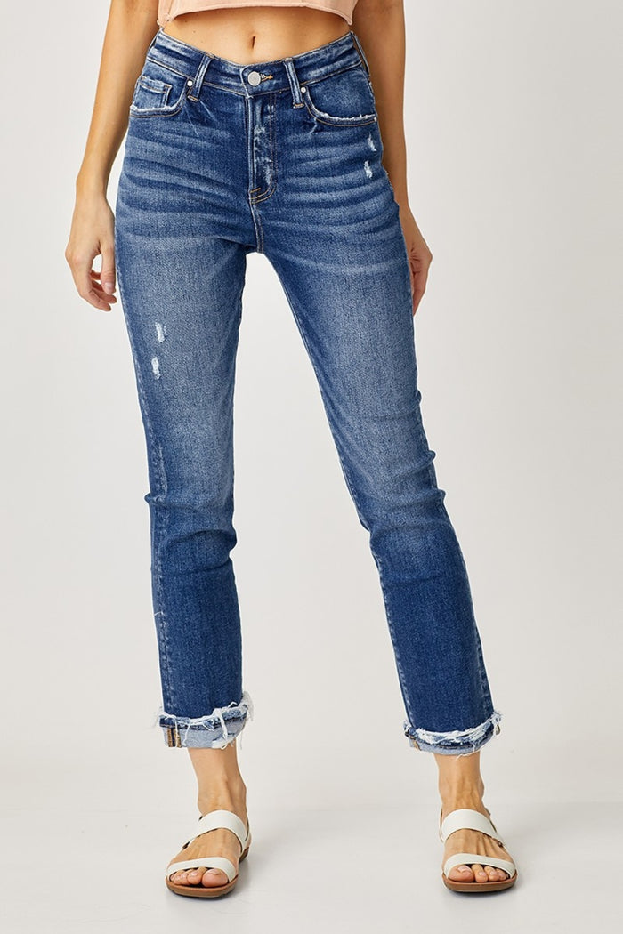 Hazel Blues® |  Risen High-Rise Frayed Cuffed Straight Jeans