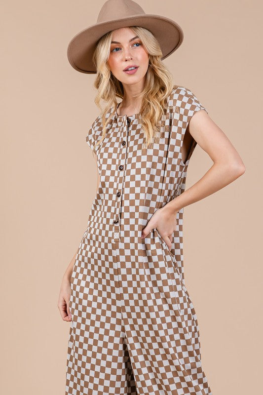 Hazel Blues® |  Ces Femme Checkered Half Button Cap Sleeve Jumpsuit