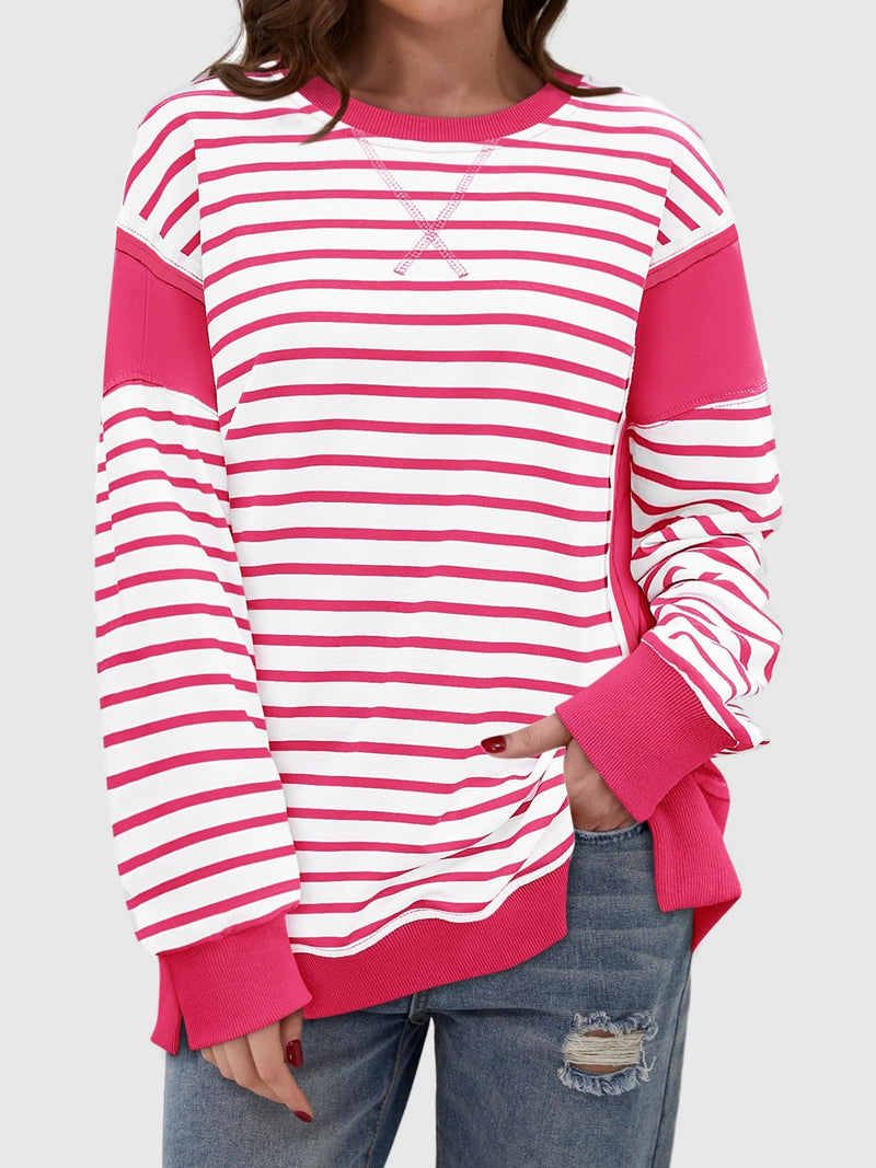 Hazel Blues® |  Slit Exposed Seam Striped Long Sleeve Sweatshirt