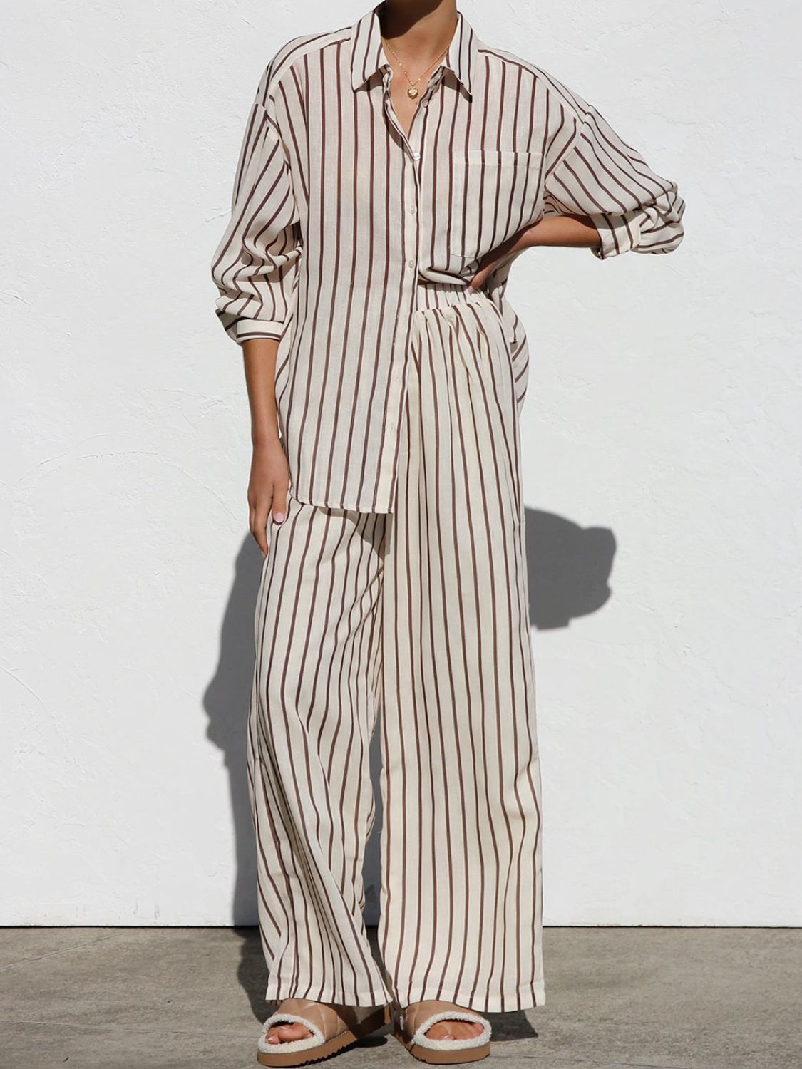 Hazel Blues® |  Striped Collared Neck Long Sleeve Top and Pants Set