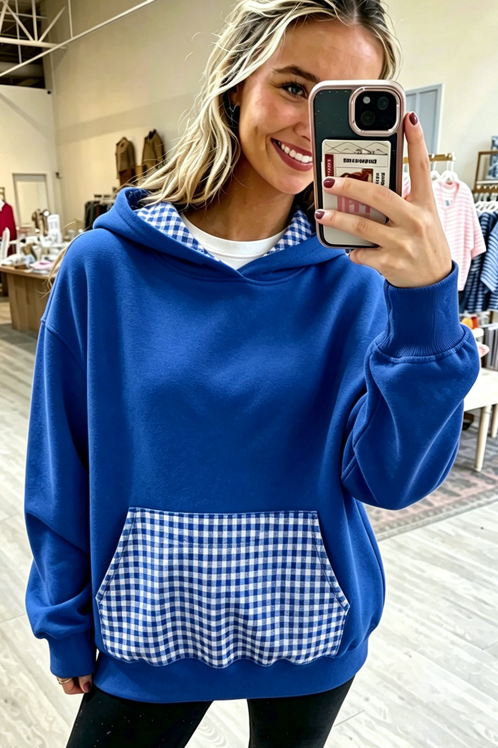 Blue Plaid Patchwork Pocket Hoodie