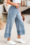 Hazel Blues® |  Dusk Blue Embroidered Cropped Wide Leg High Waist Jeans