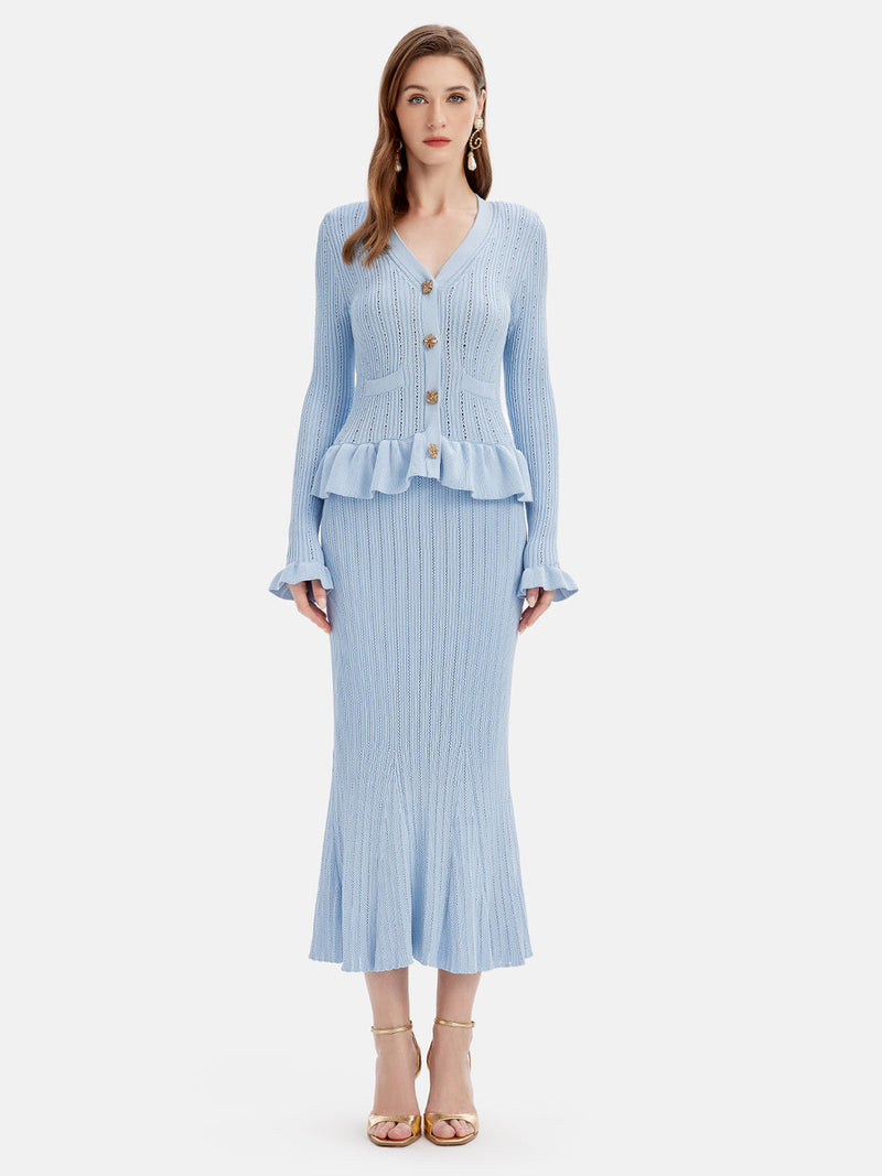 Hazel Blues® |  Ruffled V-Neck Top and Midi Skirt Sweater Set