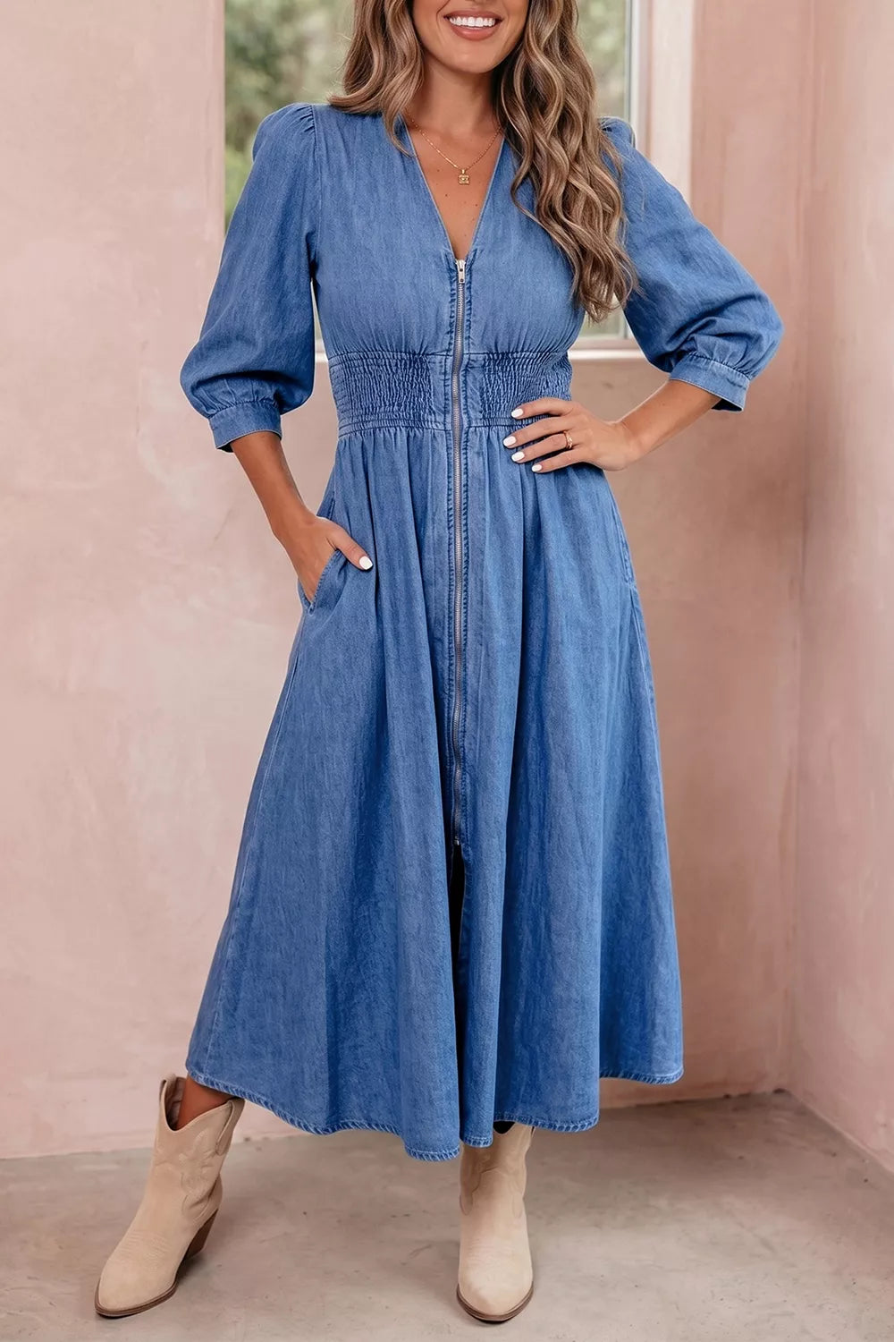 V-Neck Shirred Waist Metal Zipper Denim Midi Dress