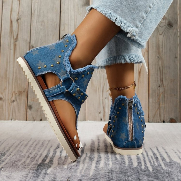 Hazel Blues® |  Studded Raw Hem Flat Sandals