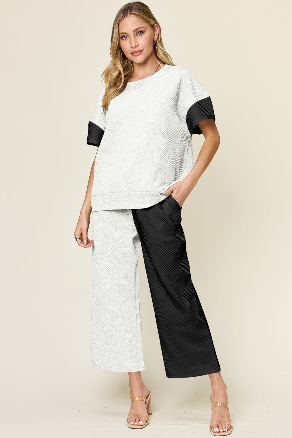 Hazel Blues® |  Double Take Texture Contrast T-Shirt and Wide Leg Pants Set