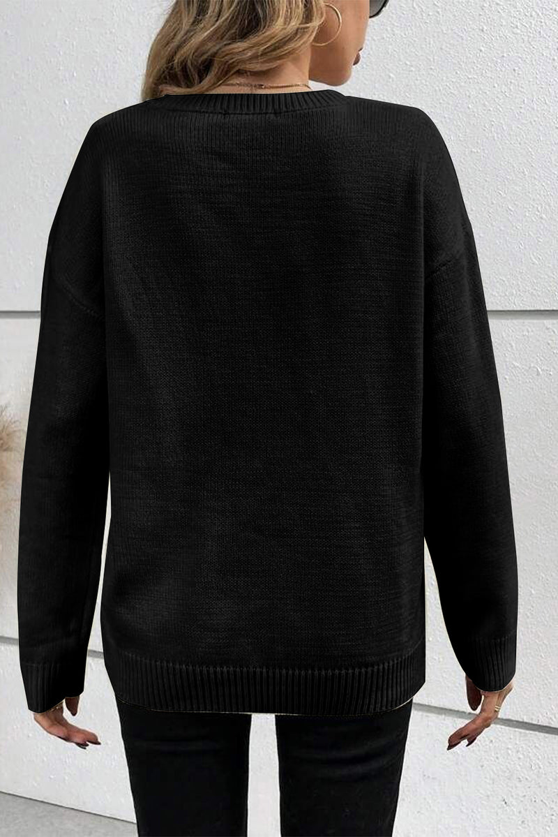 Hazel Blues® |  Black Boo Knitted Pattern Ribbed Edge Drop Shoulder Sweater