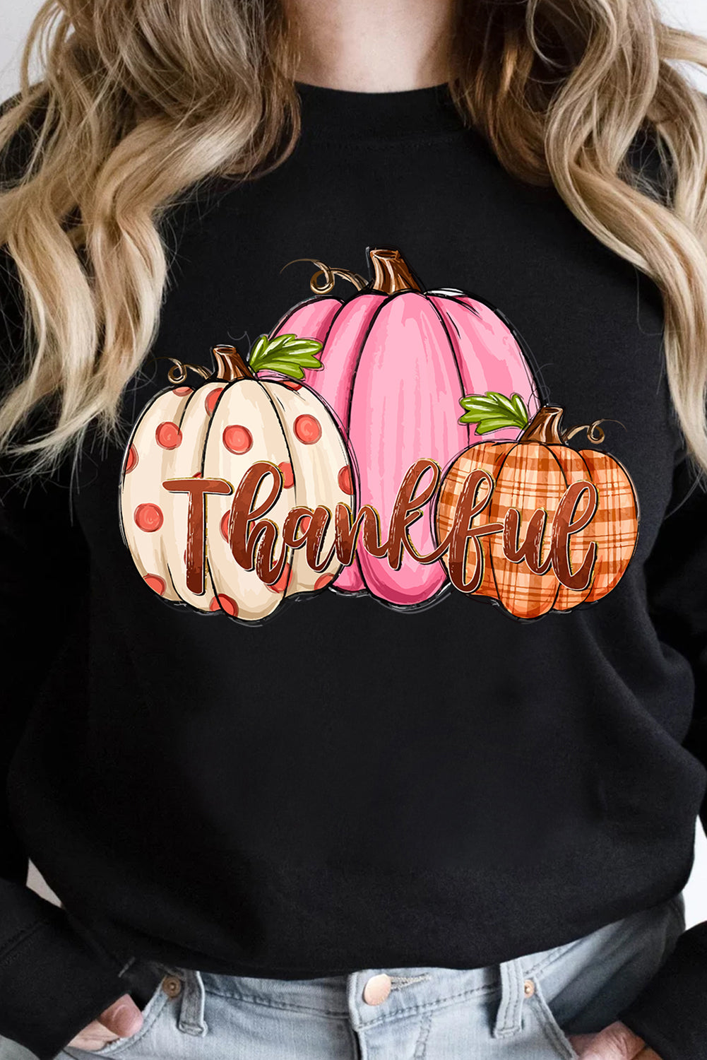 Hazel Blues® |  Black Pumpkin Thankful Drop Shoulder Thanksgiving Pullover Sweatshirt