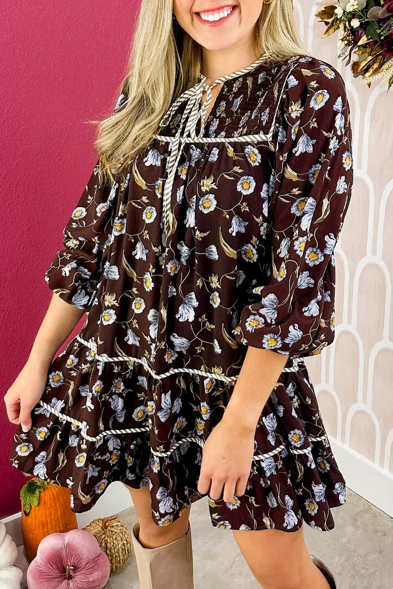 Brown Floral-Print Shirred V-Neck Shift Dress – Hazel Blues®