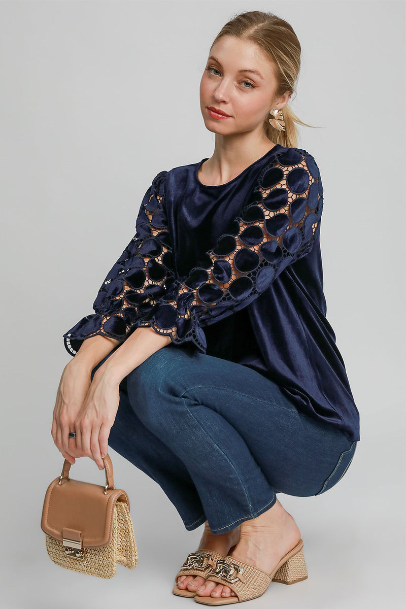 Hazel Blues® |  Umgee Polka Dot Lace Long Sleeve Round Neck Blouse