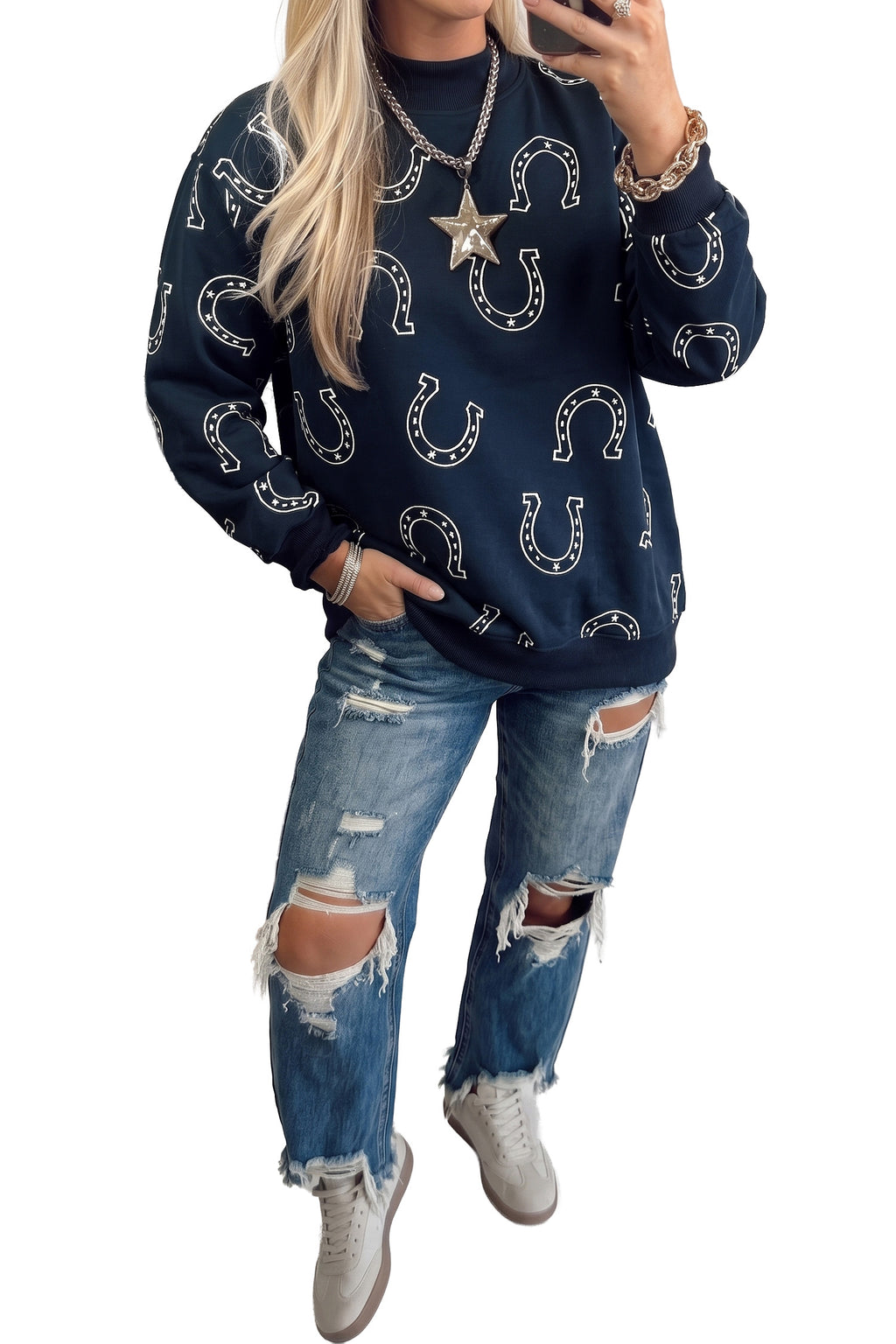 Lucky Horseshoe Blue Western Sweatshirt