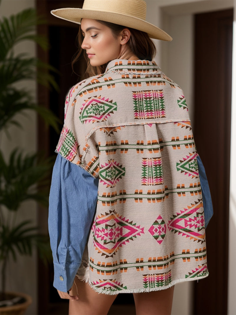 Hazel Blues® |  Raw Hem Geometric Collared Neck Shacket