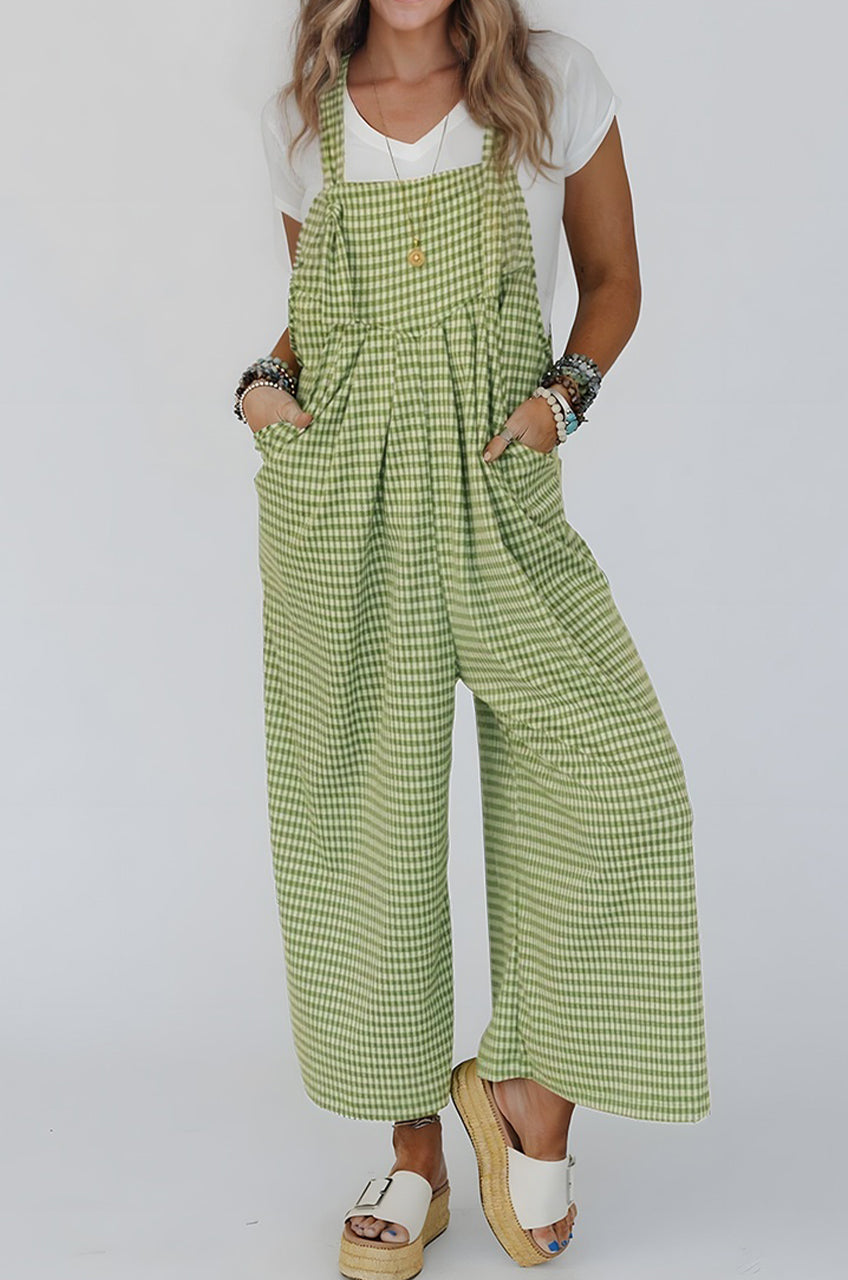 Hazel Blues® |  Green Gingham Wide Leg Loose Overall with Pockets