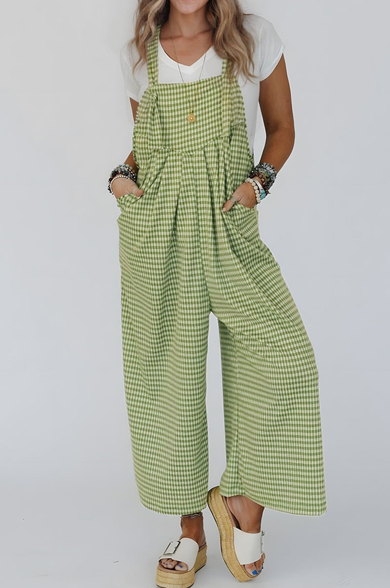 Hazel Blues® |  Green Gingham Wide Leg Loose Overall with Pockets