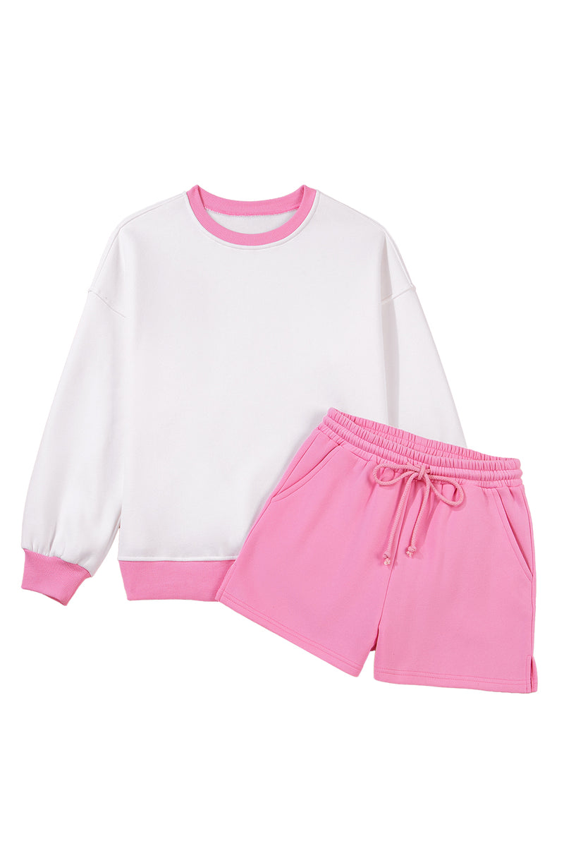 Hazel Blues® |  Strawberry Pink Color Block Pullover and Lace-up Elastic Waist Shorts Set
