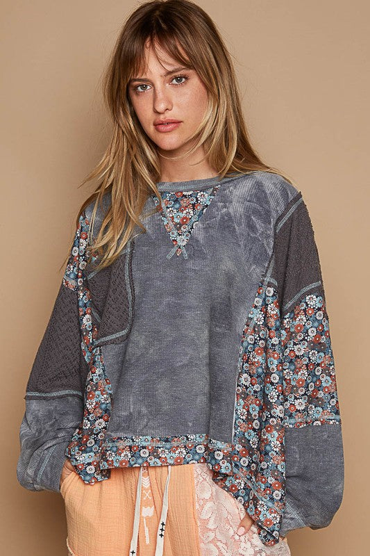 Hazel Blues® |  POL Floral Patchwork Round Neck Knit Top