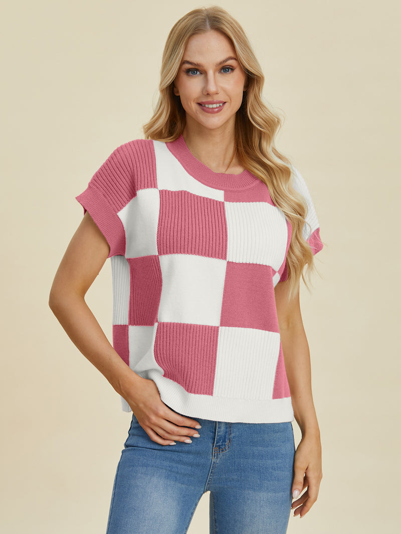 Hazel Blues® |  Double Take Checkered Round Neck Short Sleeve Sweater