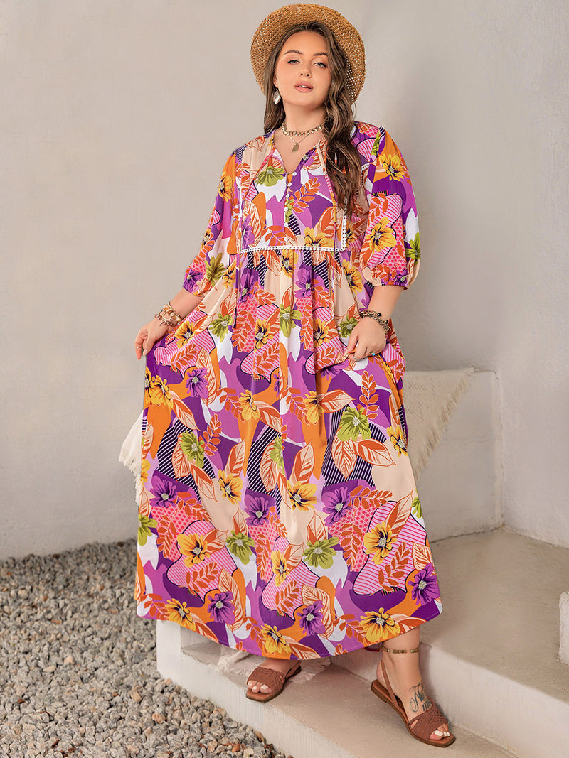 Hazel Blues® | Printed Tie Neck Maxi Dress