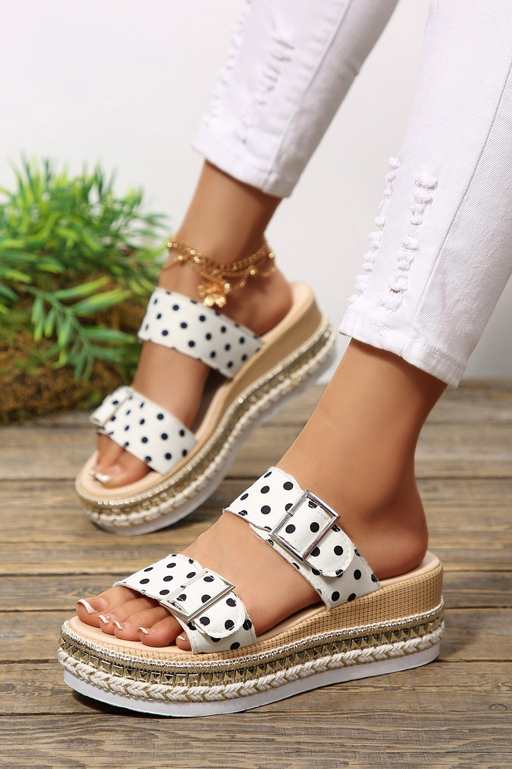 Lila June Polka-Dot Platform Slippers — White