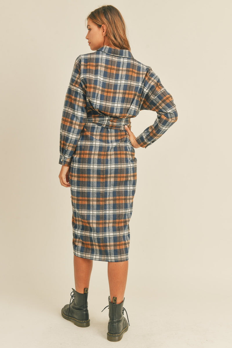 Hazel Blues® |  Mable Plaid Flannel Front Tie Button Down Shirt Dress