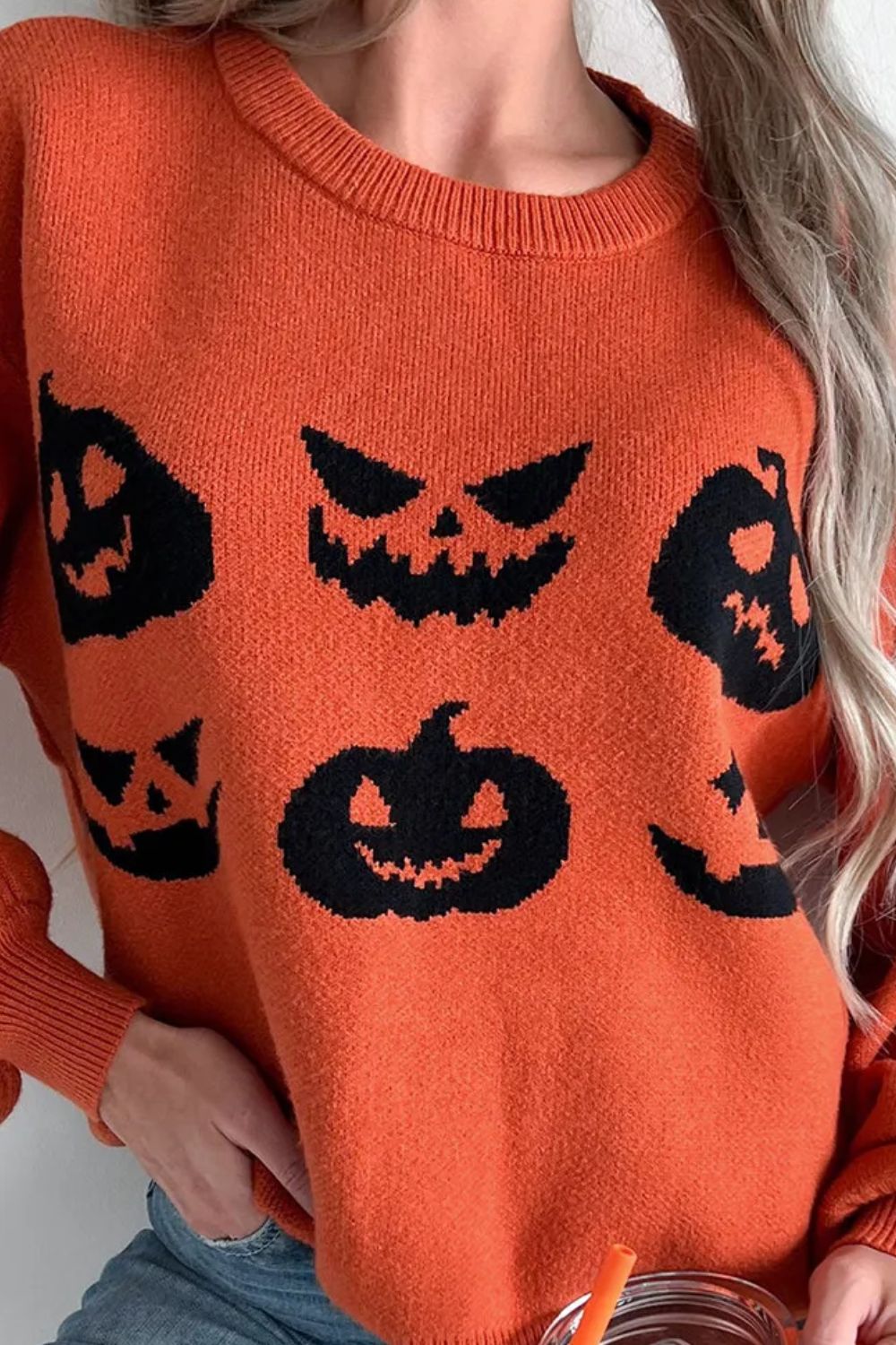 Hazel Blues® |  Pumpkin Pattern Round Neck Sweater